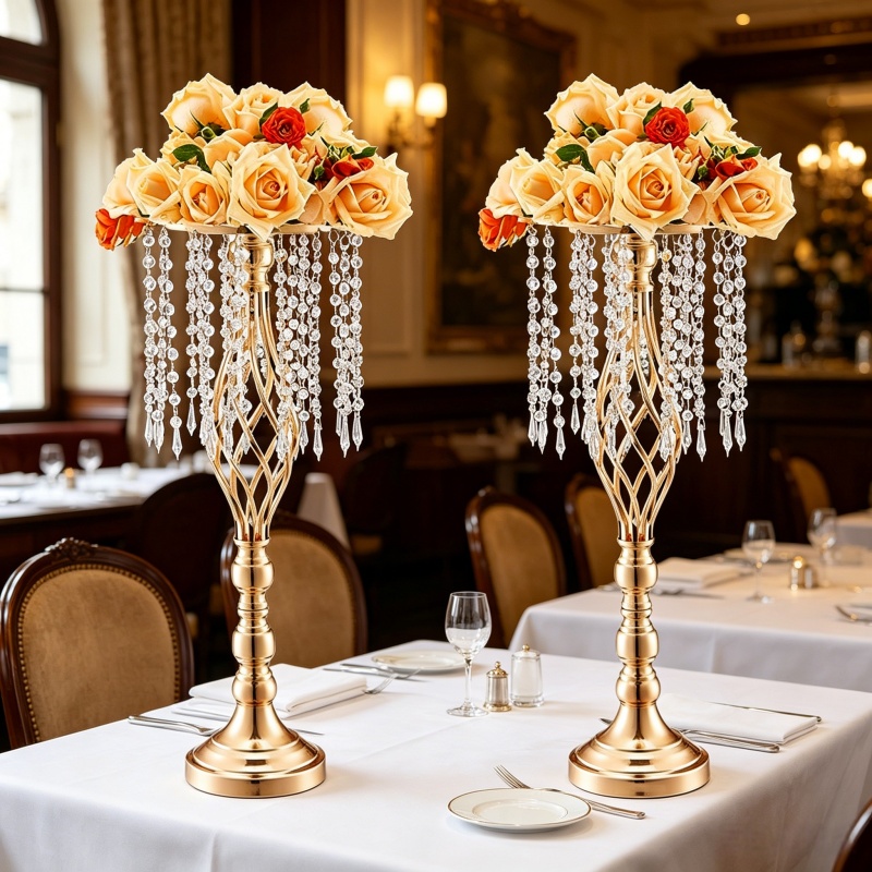 Centerpiece Vase Tall - Elegancki, wysoki, złoty kryształowy kwietnik, luksusowy,